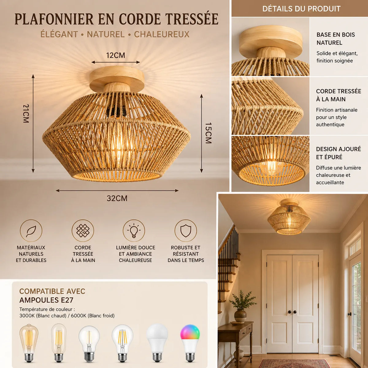 NATORA™ Tressé | Naturel plafonnier à led rotin