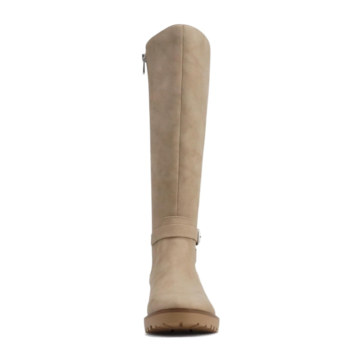 Bottes hautes beige à talon bloc et semelle crantée avec sangle décorative pour femme
