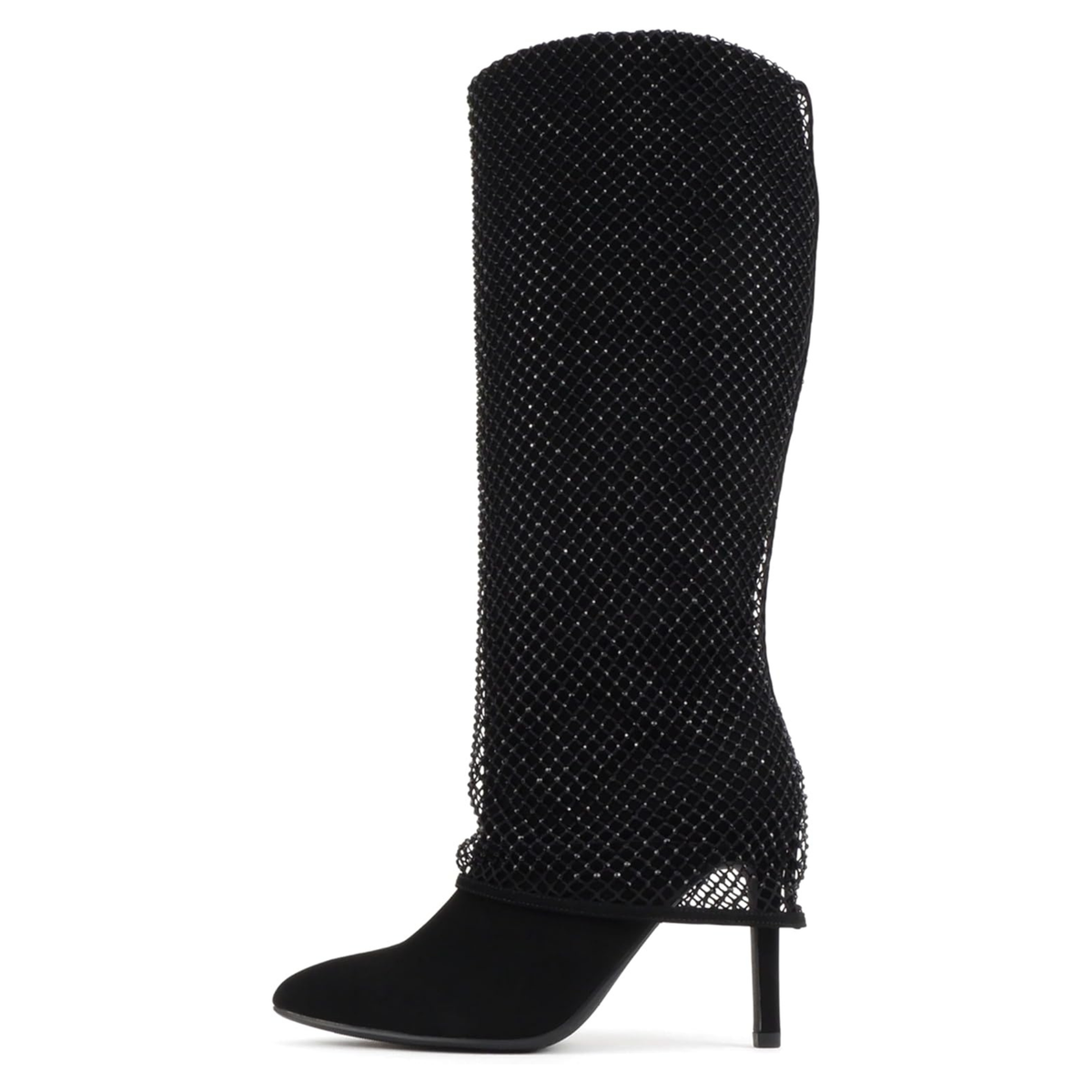 Bottes hautes noires à talon fin et tige ornée de strass pour femme