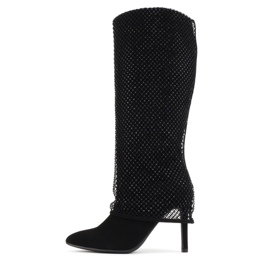 Bottes hautes noires à talon fin et tige ornée de strass pour femme