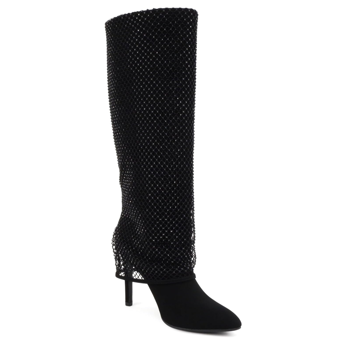 Bottes hautes noires à talon fin et tige ornée de strass pour femme