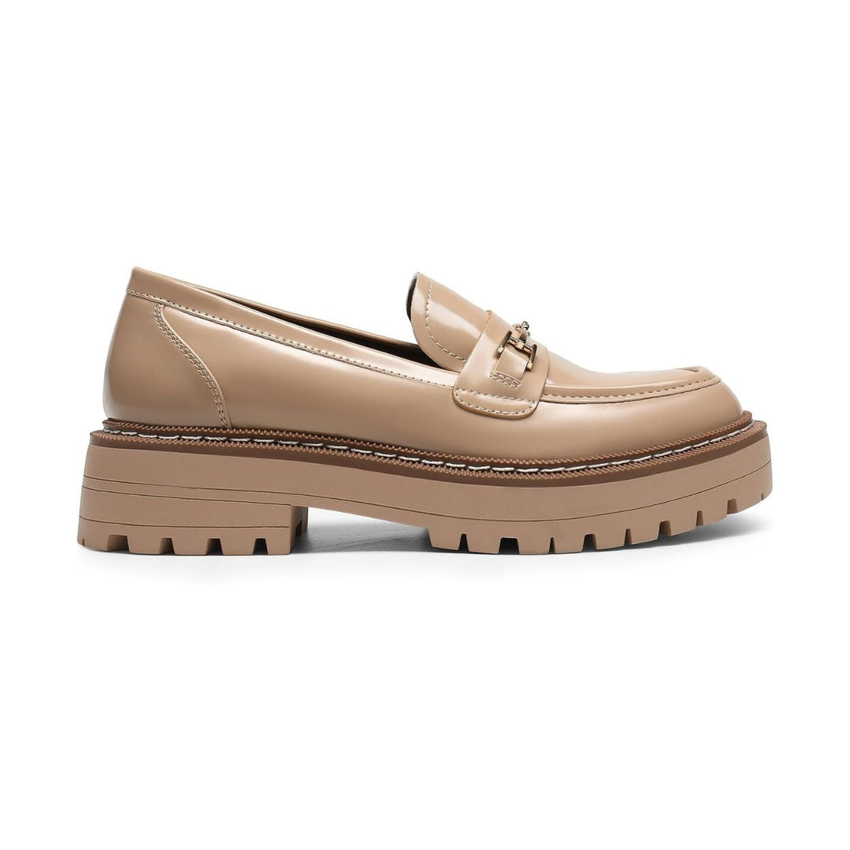 Mocassins femme à semelle plateforme crantée, détail métal, cuir synthétique