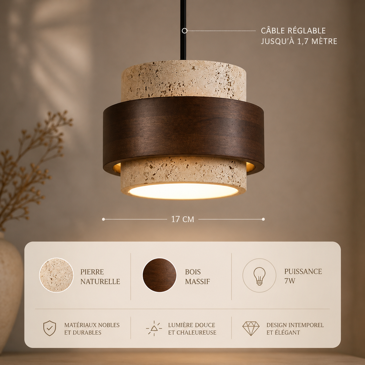 Livan - Suspension Design en Travertin et Bois pour Salon