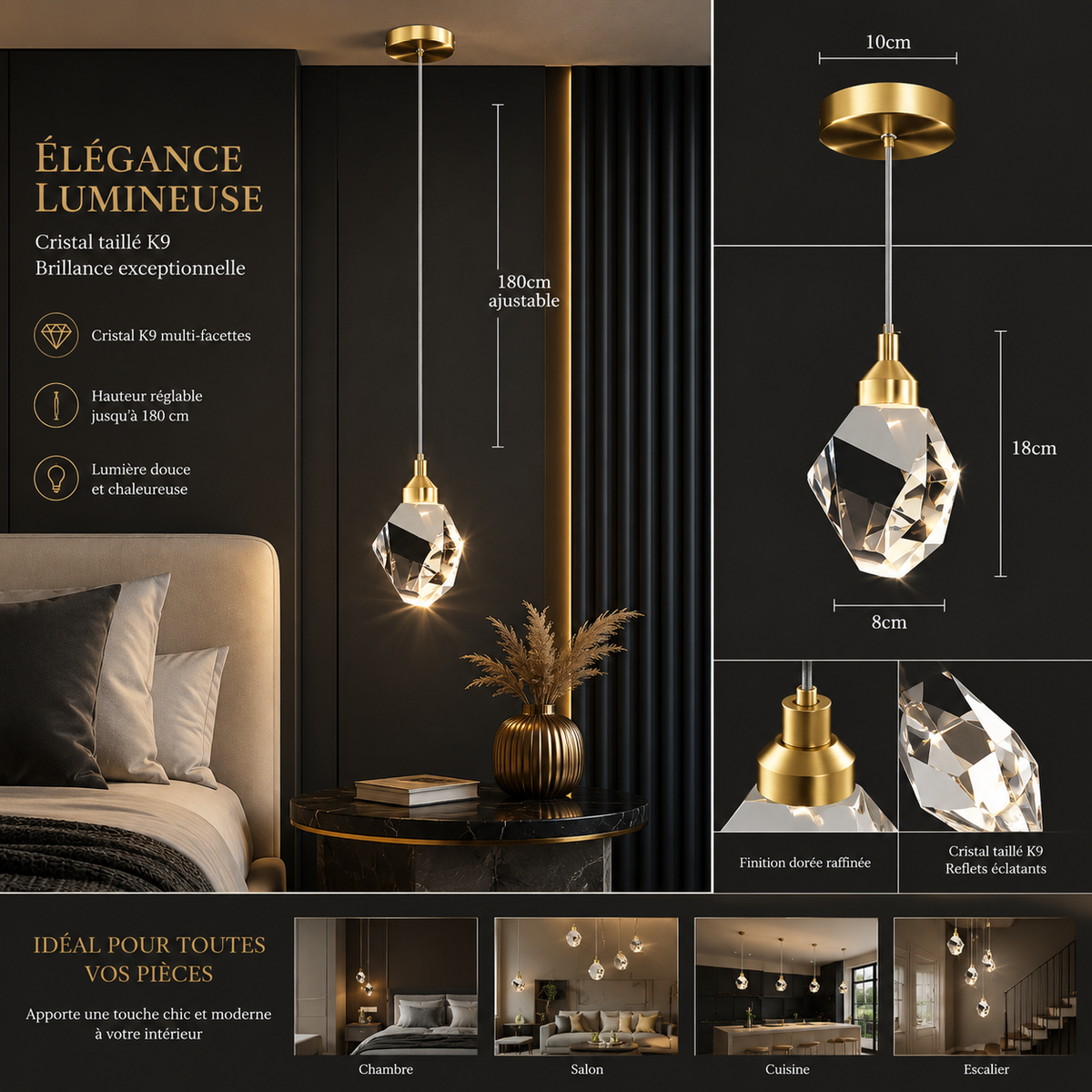 AURÉLIA | Lustre Salon Cristal LED Élégant pour Salle à Manger & Cuisine