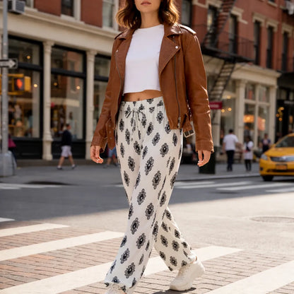 Soléa Pantalon fluide été femme – Imprimé bohème avec cordon