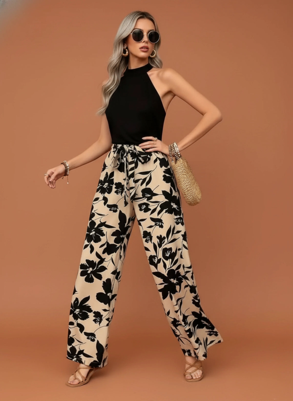 Camélia Pantalon fluide été femme – Imprimé floral grande taille
