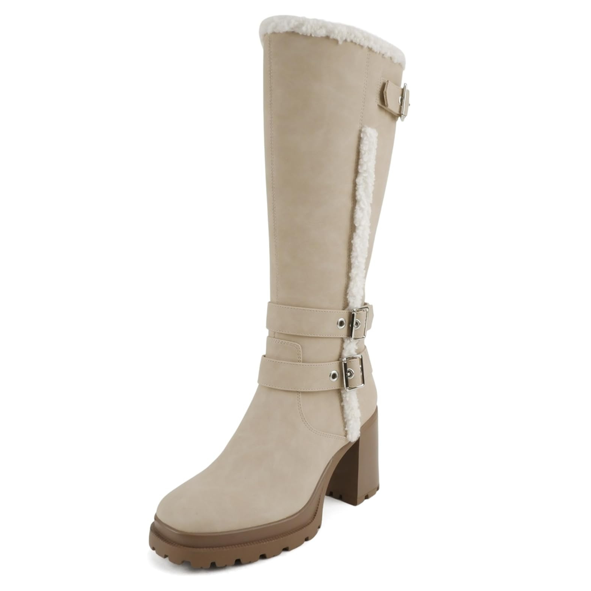 Bottes hautes femme beige à talon bloc et doublure fourrée, brides à boucles métal
