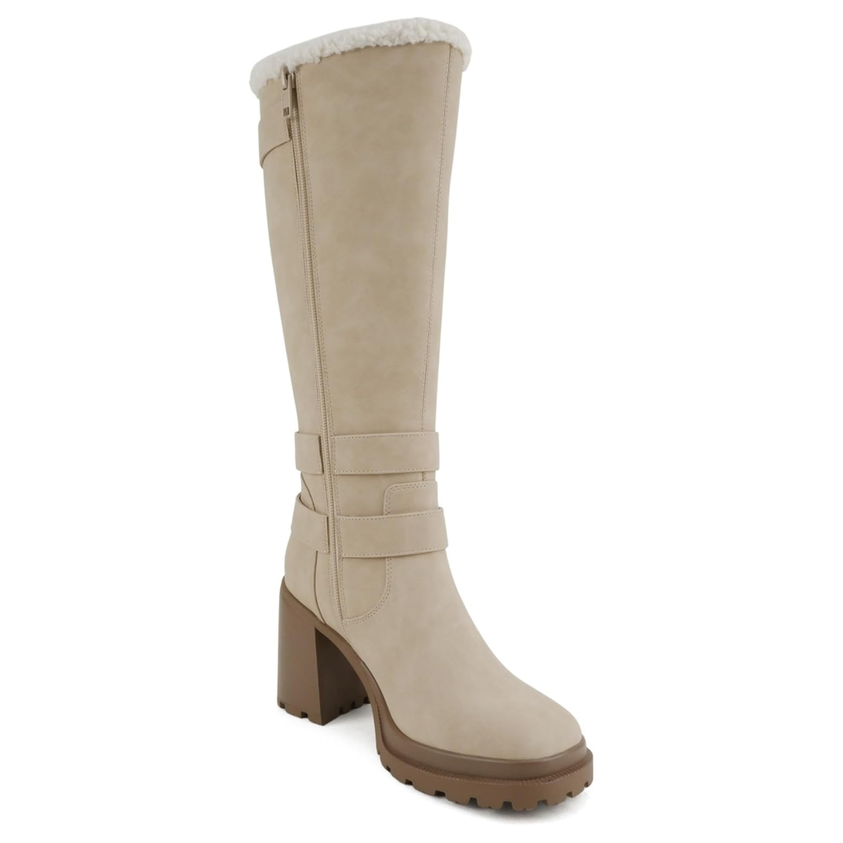 Bottes hautes femme beige à talon bloc et doublure fourrée, brides à boucles métal