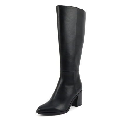 Bottes hautes pour femme à talon bloc et bout pointu - effet cuir noir