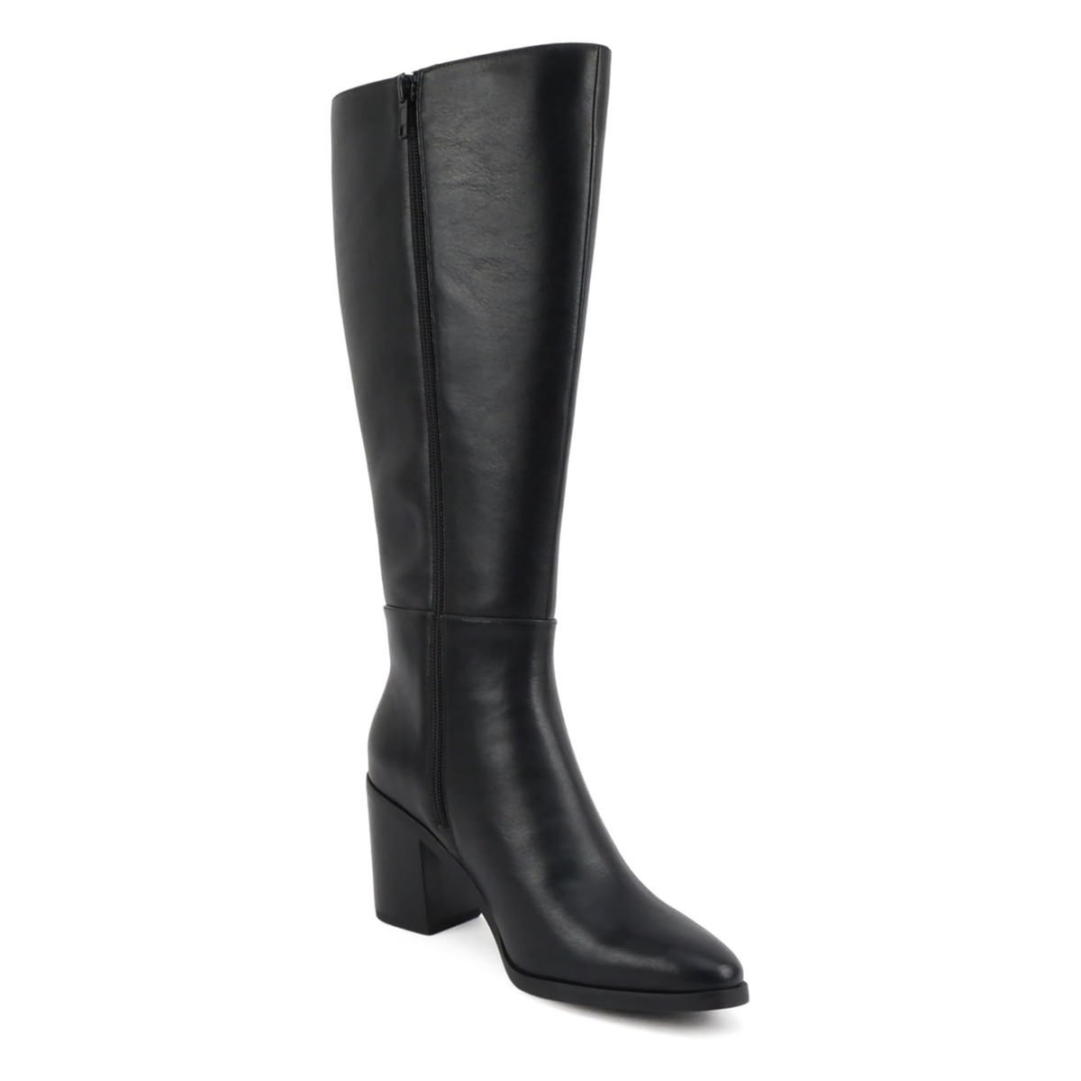 Bottes hautes pour femme à talon bloc et bout pointu - effet cuir noir