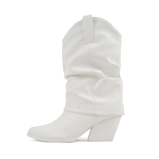 Bottes blanches mi-mollet à bout pointu et talon carré effet plissé pour femme