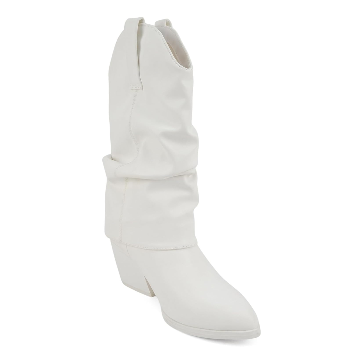 Bottes blanches mi-mollet à bout pointu et talon carré effet plissé pour femme