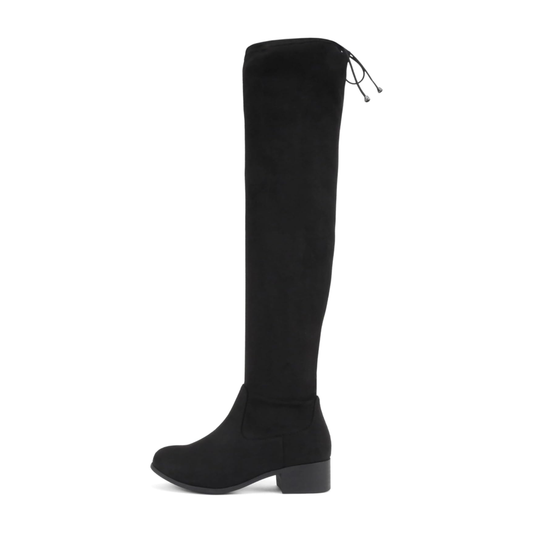 Cuissardes noires en simili daim pour femme , talon bas et lien de serrage arrière