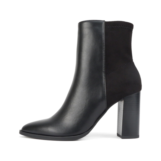 Bottines pour femme à talon carré 9 cm, bout pointu et tige bi-matière