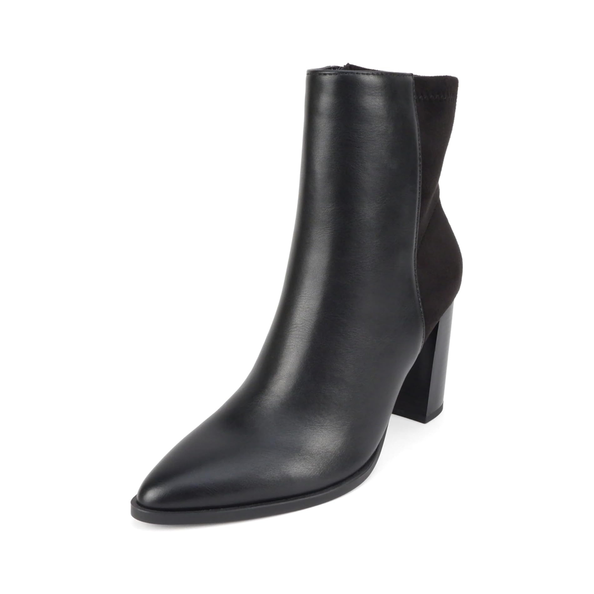 Bottines pour femme à talon carré 9 cm, bout pointu et tige bi-matière