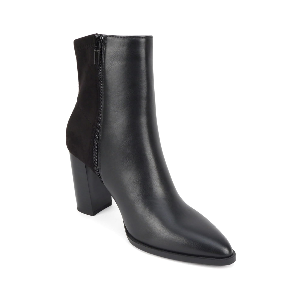 Bottines pour femme à talon carré 9 cm, bout pointu et tige bi-matière