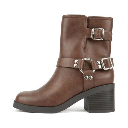 Bottines motardes femme marron à talon bloc, brides à boucles et anneau métallique