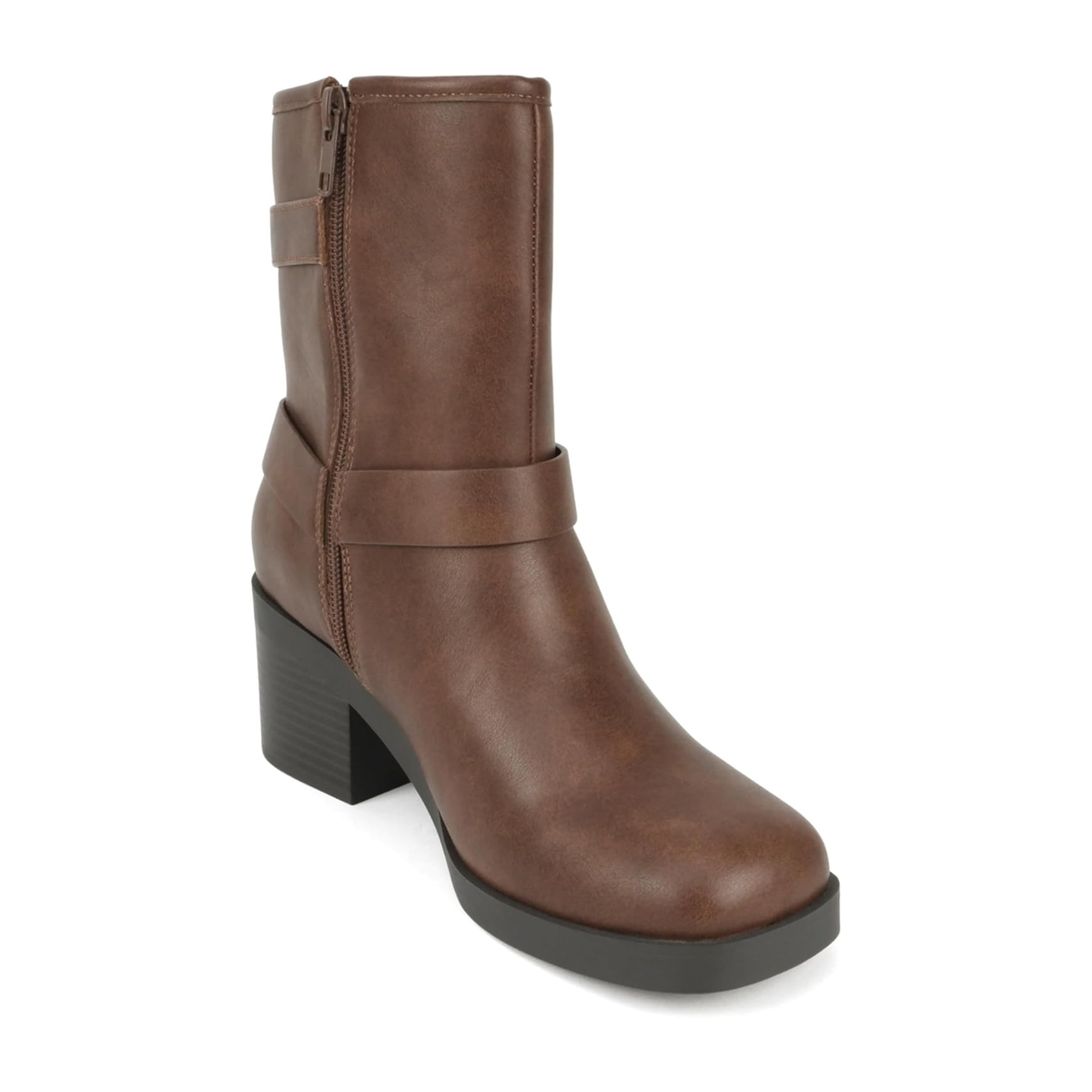 Bottines motardes femme marron à talon bloc, brides à boucles et anneau métallique