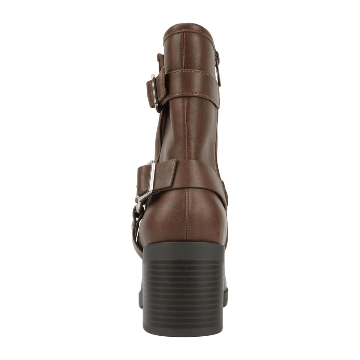 Bottines motardes femme marron à talon bloc, brides à boucles et anneau métallique