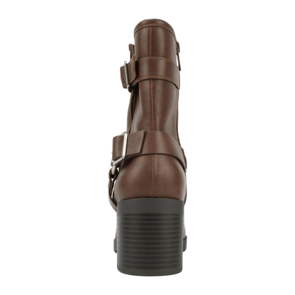 Bottines motardes femme marron à talon bloc, brides à boucles et anneau métallique