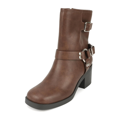 Bottines motardes femme marron à talon bloc, brides à boucles et anneau métallique