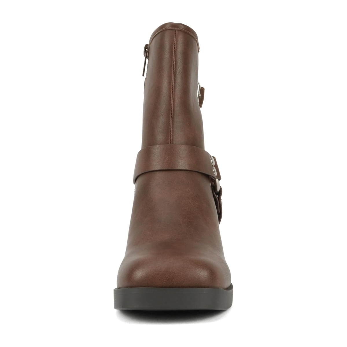 Bottines motardes femme marron à talon bloc, brides à boucles et anneau métallique