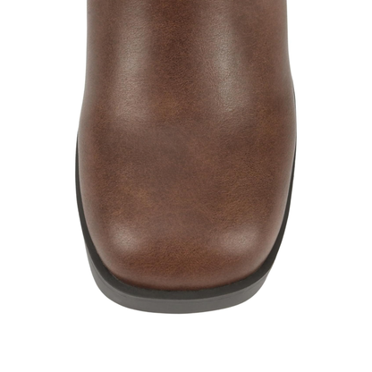 Bottines motardes femme marron à talon bloc, brides à boucles et anneau métallique