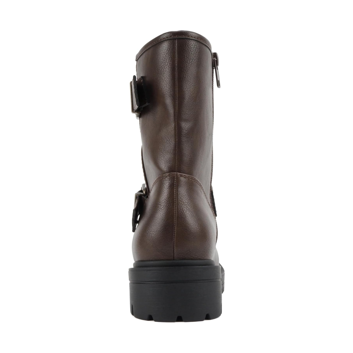Bottes motardes marron à brides boucle et semelle crantée mi-mollet pour femme