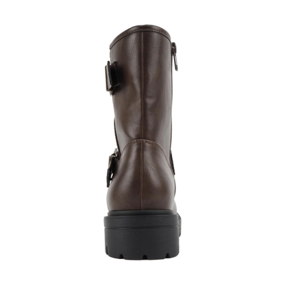 Bottes motardes marron à brides boucle et semelle crantée mi-mollet pour femme