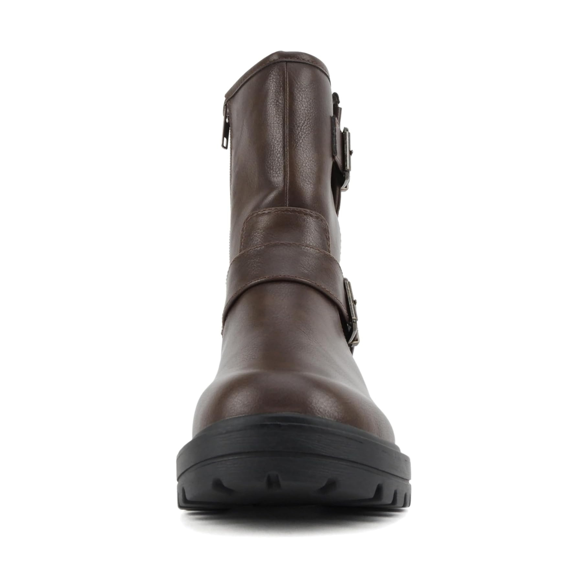 Bottes motardes marron à brides boucle et semelle crantée mi-mollet pour femme