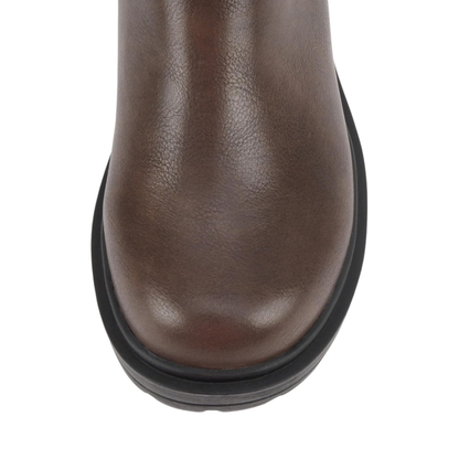 Bottes motardes marron à brides boucle et semelle crantée mi-mollet pour femme