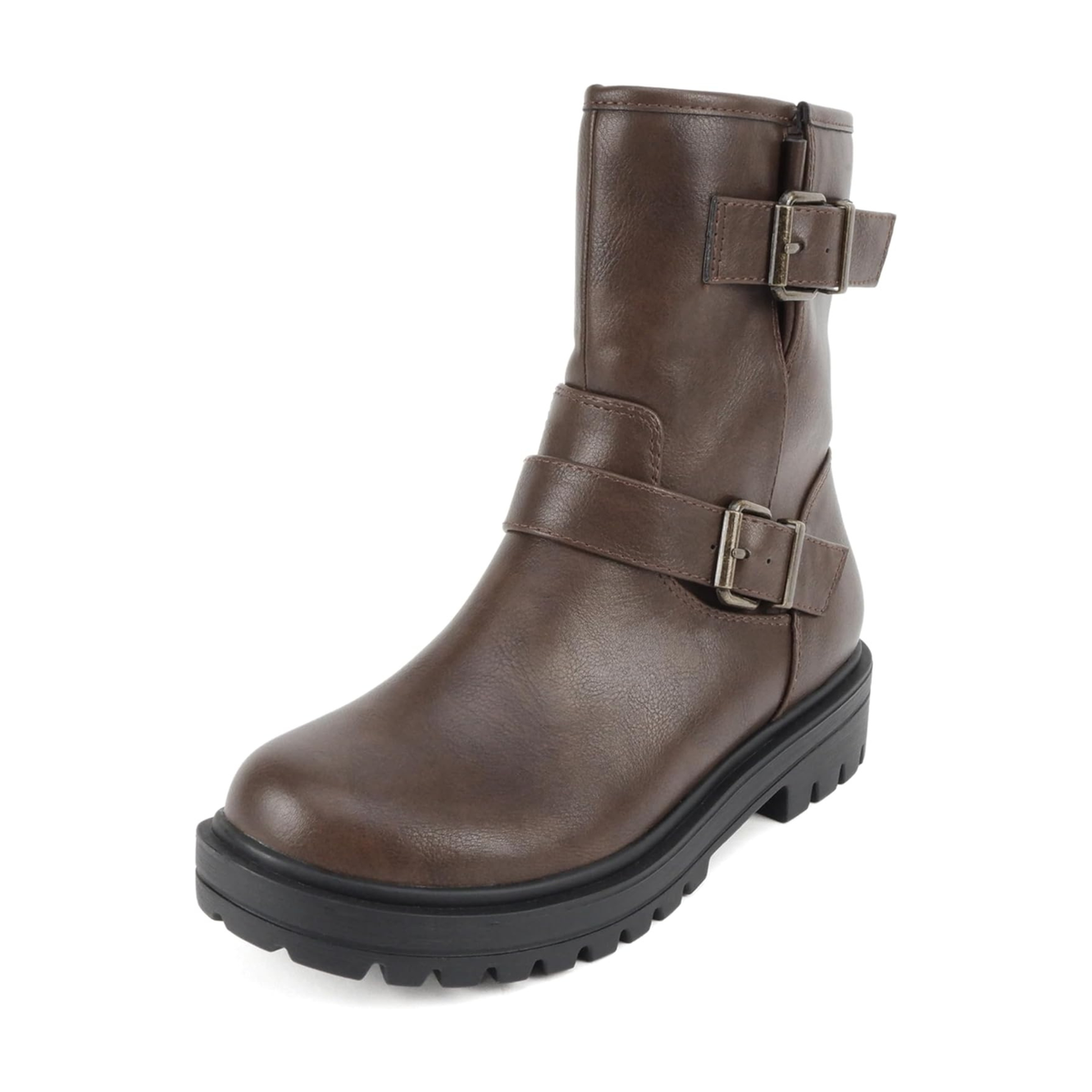 Bottes motardes marron à brides boucle et semelle crantée mi-mollet pour femme