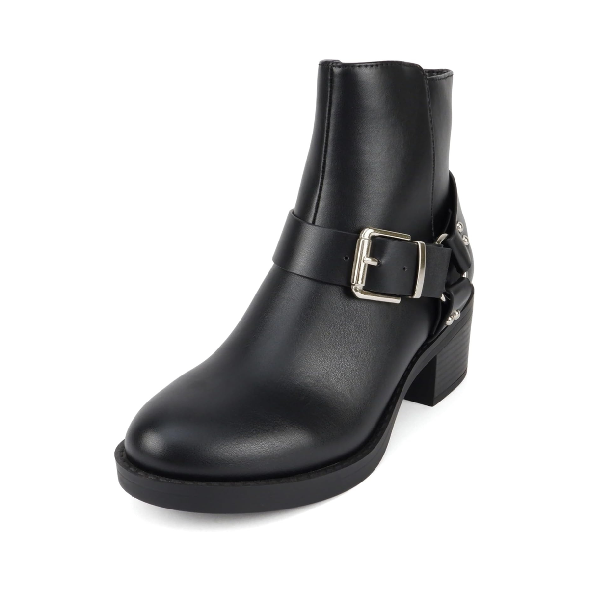 Bottines noires à talon bloc bas avec bride et boucle décorative pour femme , fermeture éclair