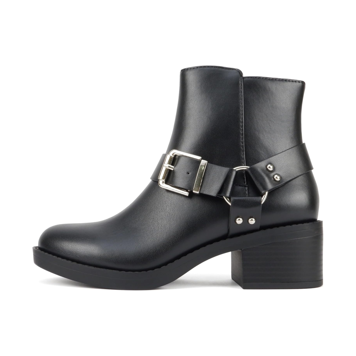 Bottines noires à talon bloc bas avec bride et boucle décorative pour femme , fermeture éclair