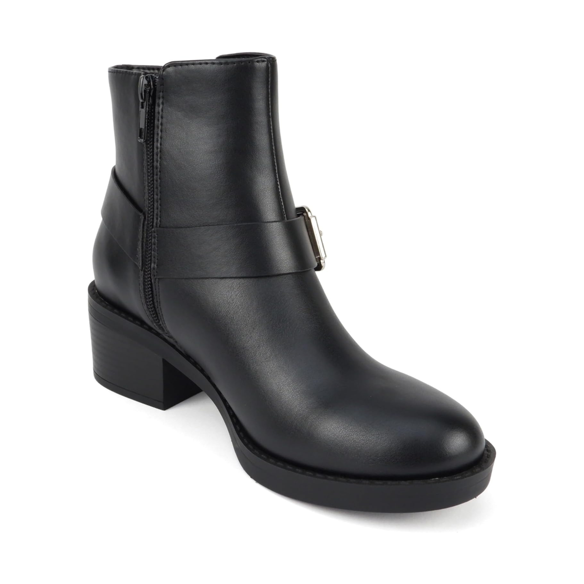 Bottines noires à talon bloc bas avec bride et boucle décorative pour femme , fermeture éclair