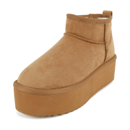 Bottines plateforme camel en simili daim vegan doublées chaud, semelle épaisse