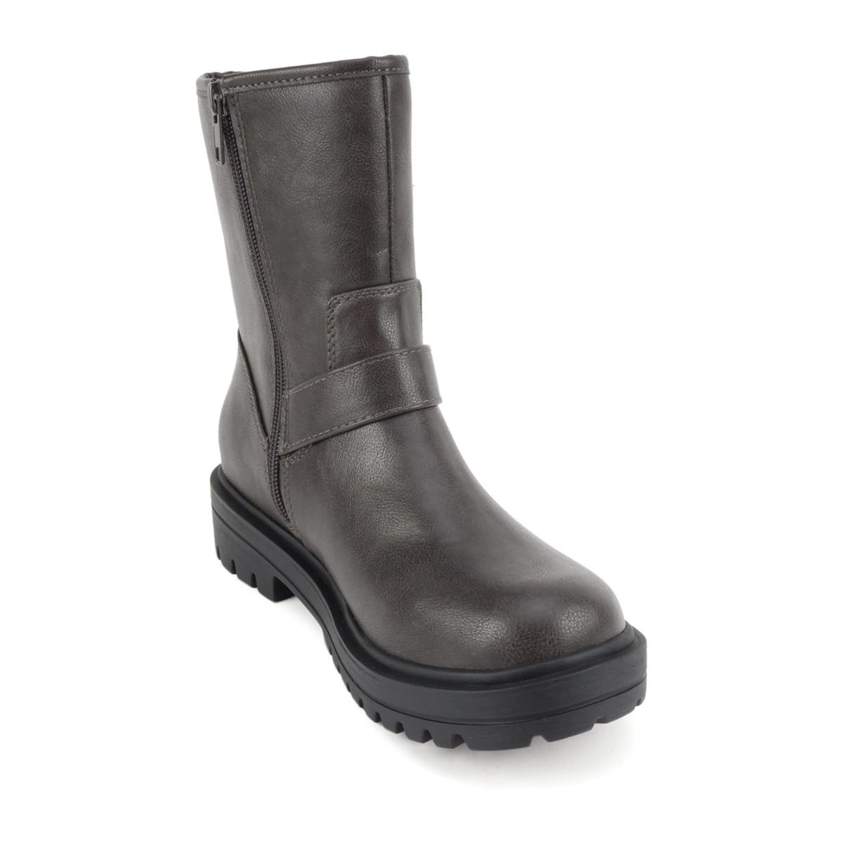 Bottines motardes grises à brides et boucles, semelle crantée et talon bloc pour femme