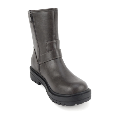 Bottines motardes grises à brides et boucles, semelle crantée et talon bloc pour femme