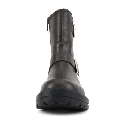 Bottines motardes grises à brides et boucles, semelle crantée et talon bloc pour femme