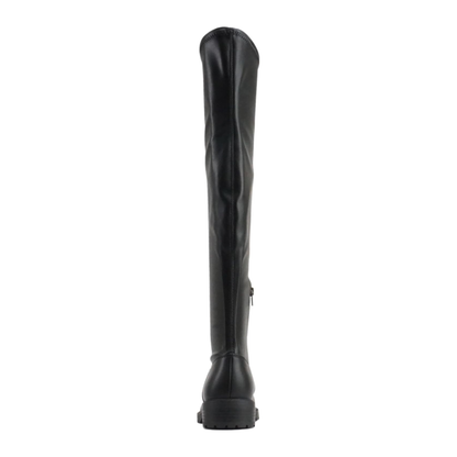Cuissardes noires en simili cuir vegan, semelle crantée et talon bas bloc pour femme
