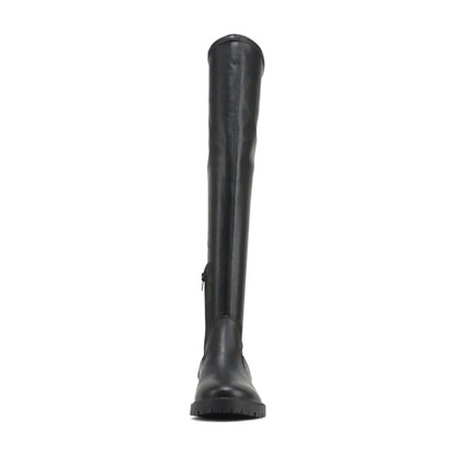 Cuissardes noires en simili cuir vegan, semelle crantée et talon bas bloc pour femme