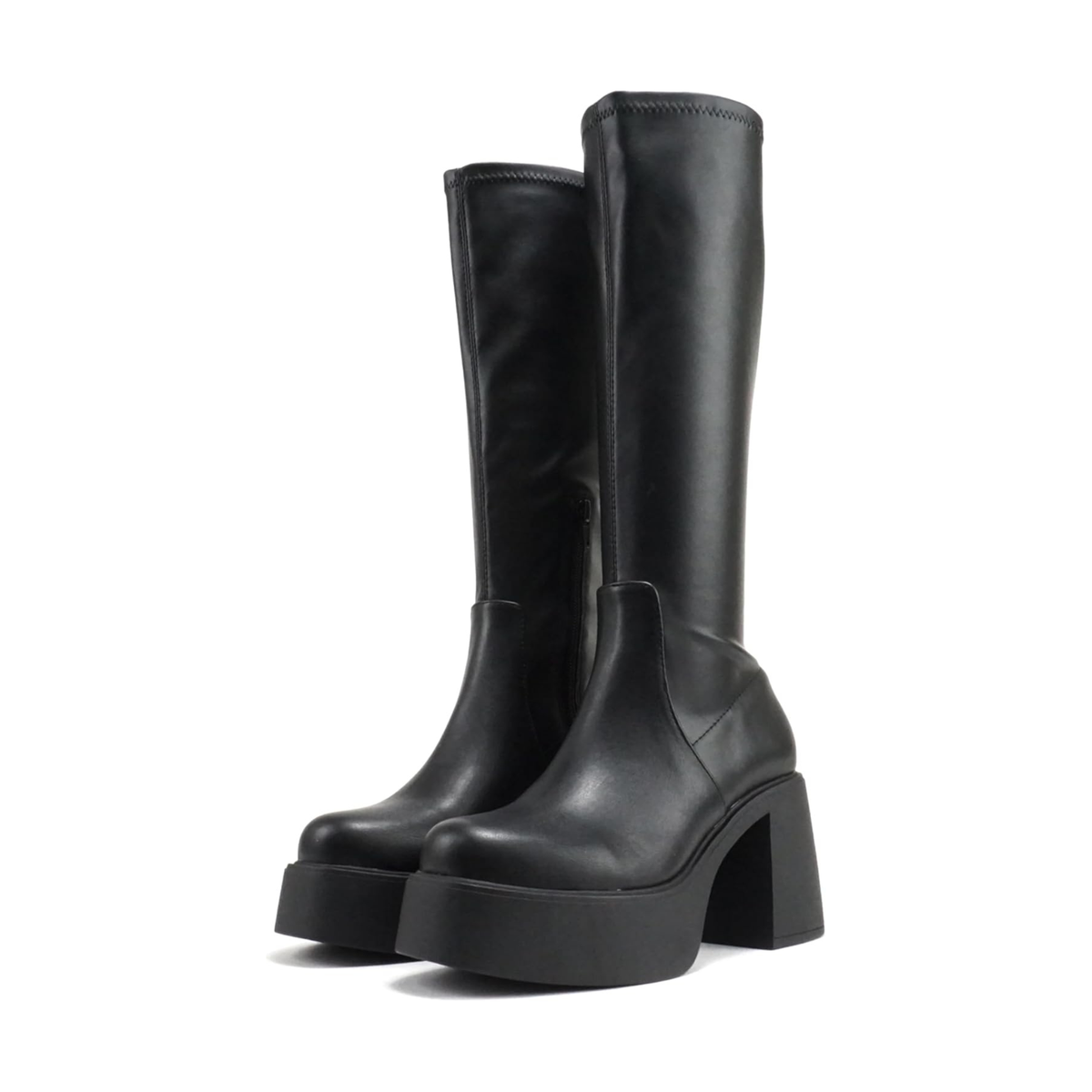 Bottes noires à talon bloc et plateforme, hauteur mollet, simili cuir pour femme