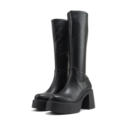 Bottes noires à talon bloc et plateforme, hauteur mollet, simili cuir pour femme