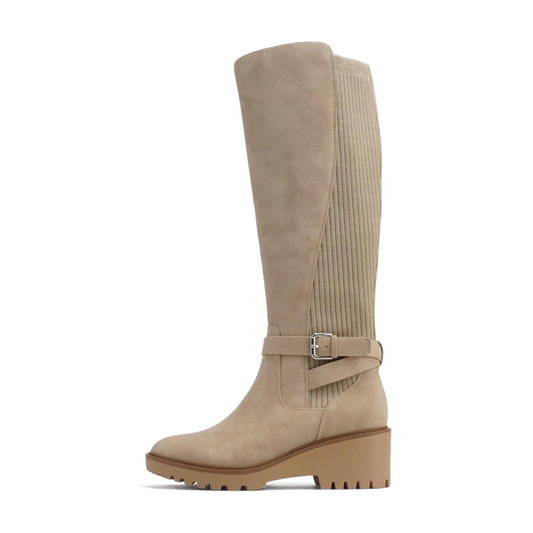Bottes hautes beige à talon bloc et semelle crantée avec sangle décorative pour femme