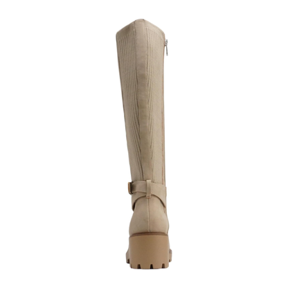Bottes hautes beige à talon bloc et semelle crantée avec sangle décorative pour femme