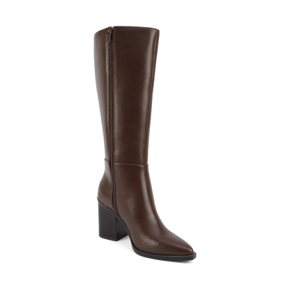 Bottes hautes marron à talon bloc et bout pointu, fermeture zippée pour femme
