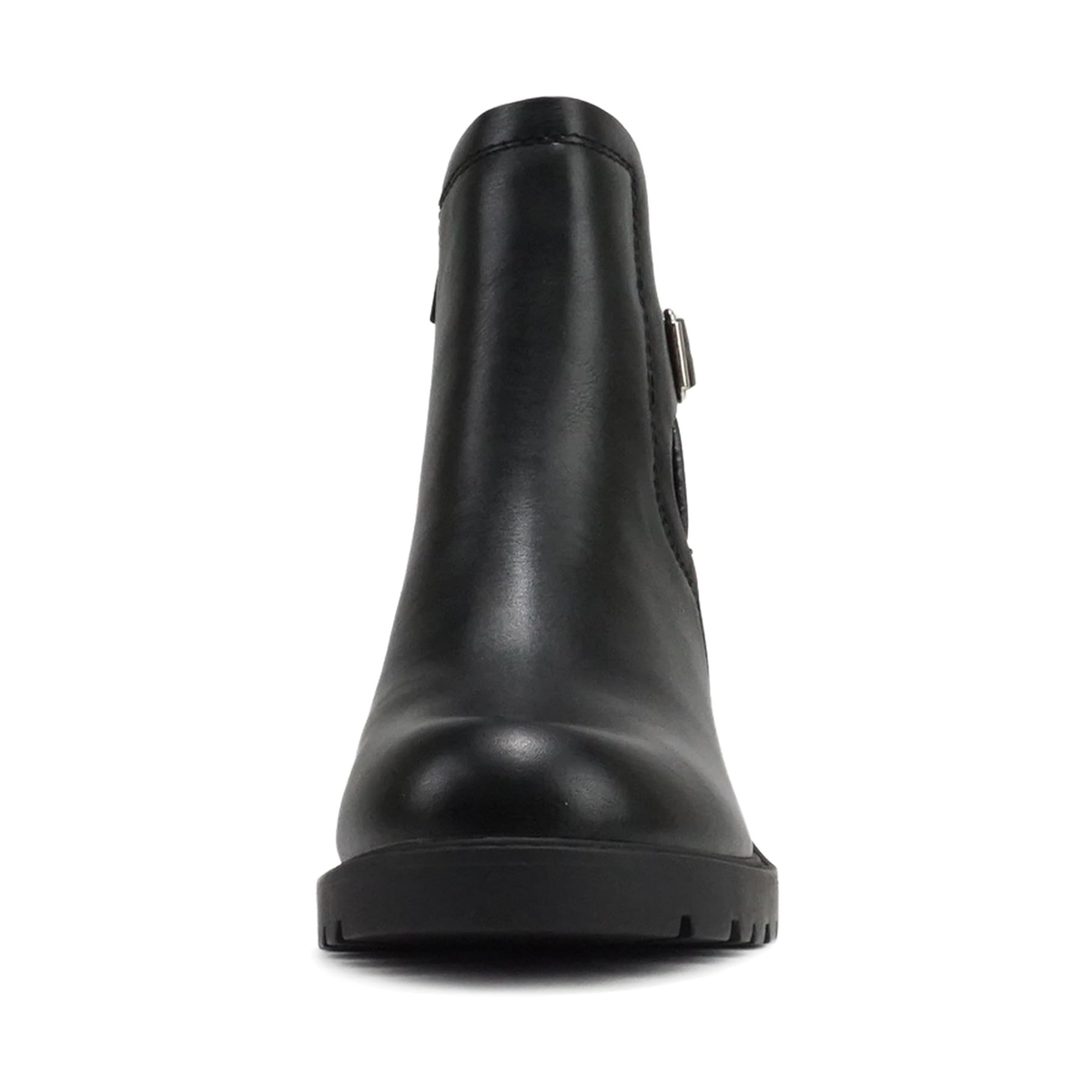 Bottines chelsea noires à talon bloc, semelle crantée et bride décorative pour femme