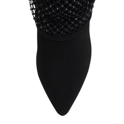 Bottes hautes noires à talon fin et tige ornée de strass pour femme