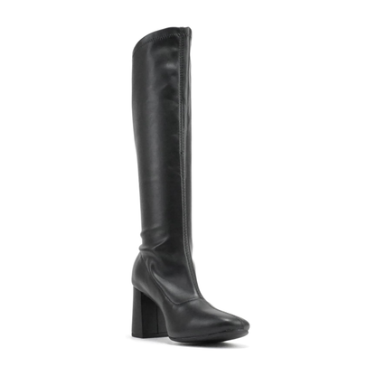 Bottes hautes noires en simili cuir à talon bloc moyen, bout pointu