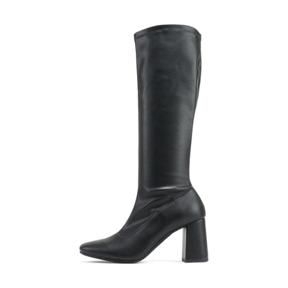 Bottes hautes noires en simili cuir à talon bloc moyen, bout pointu